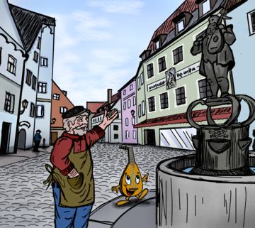 Das Bild zeigt eine Illustration des Brotmarktes in Füssen mit den Figuren Meister Hans und Lauti. 