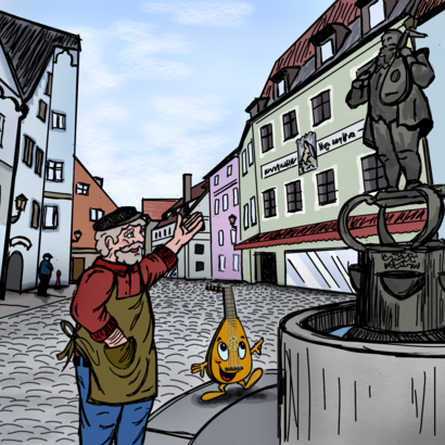 Das Bild zeigt eine Illustration des Brotmarktes in Füssen mit den Figuren Meister Hans und Lauti. 