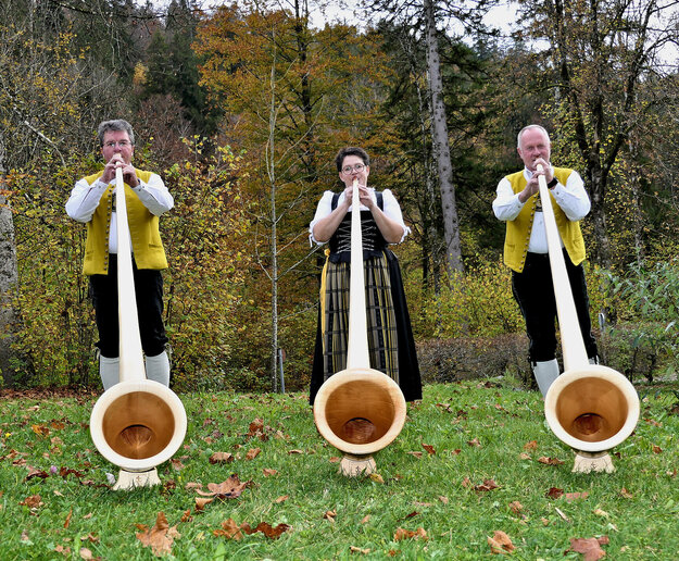 Auf einer Wiese stehen drei Personen in Trachtgewand. Jeder von ihnen spielt ein großes Alphorn, das mit der Öffnung zum Betrachter zeigt. Im Hintergrund sind Büsche und Bäume in einem leicht herbstlichen Ton zu sehen.