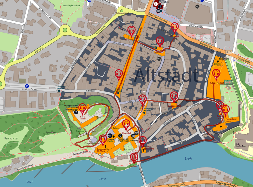 Der Stadtplan der Füssener Altstadt, erstellt mit der Lauschtour App, zeigt die historische Innenstadt in einer Satellitenperspektive.