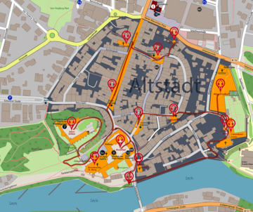 Der Stadtplan der Füssener Altstadt, erstellt mit der Lauschtour App, zeigt die historische Innenstadt in einer Satellitenperspektive.