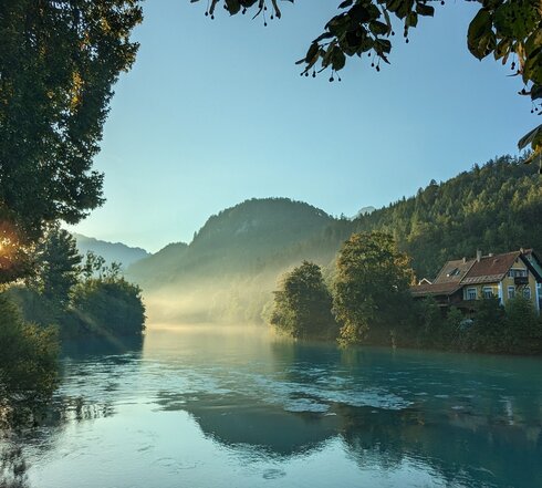 Das Bild zeigt einen Flusslauf mit blaugrünem Wasser, das von Bäumen und Hügeln gesäumt wird. Nebel liegt über dem Wasser und den Hügeln.