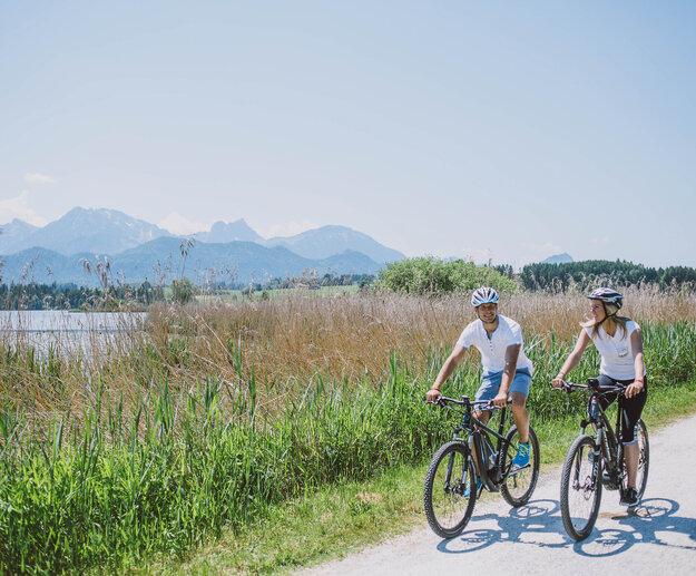 Das Bild zeigt einen Mann und eine Frau beim Radfahren auf einer Schotterstraße. Die Straße ist von üppigem grünem Gras und hohen Gräser umgeben. Die Radfahrer sind in der gleichen Richtung, was auf eine gemeinsame Reise oder ein Abenteuer schlägt. Die Kulisse des Bildes ist eine atemberaubende Aussicht von Bergen, die ein Gefühl von Abenteuer und Erkundung der Szene hinzufügt. Die Radfahrer sind in lässiger Kleidung, geeignet für einen Tag des Radfahrens. Die Gesamtatmosphäre des Bildes ist eine von Ruhe und Genuss der Natur.