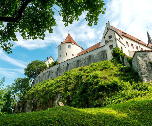 Man blickt von unten auf einen Teil des Hohen Schlosses. Ein Turm und spitz zulaufende Dächer sind zu sehen. Darunter liegt eine grüne Wiese. Die Schlossmauer ist von grünen Pflanzen bewachen. Der Himmel ist blau. Die Sonne scheint.
