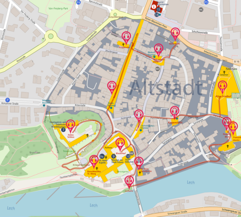 Der Stadtplan der Füssener Altstadt, erstellt mit der Lauschtour App, zeigt die historische Innenstadt in einer Satellitenperspektive.